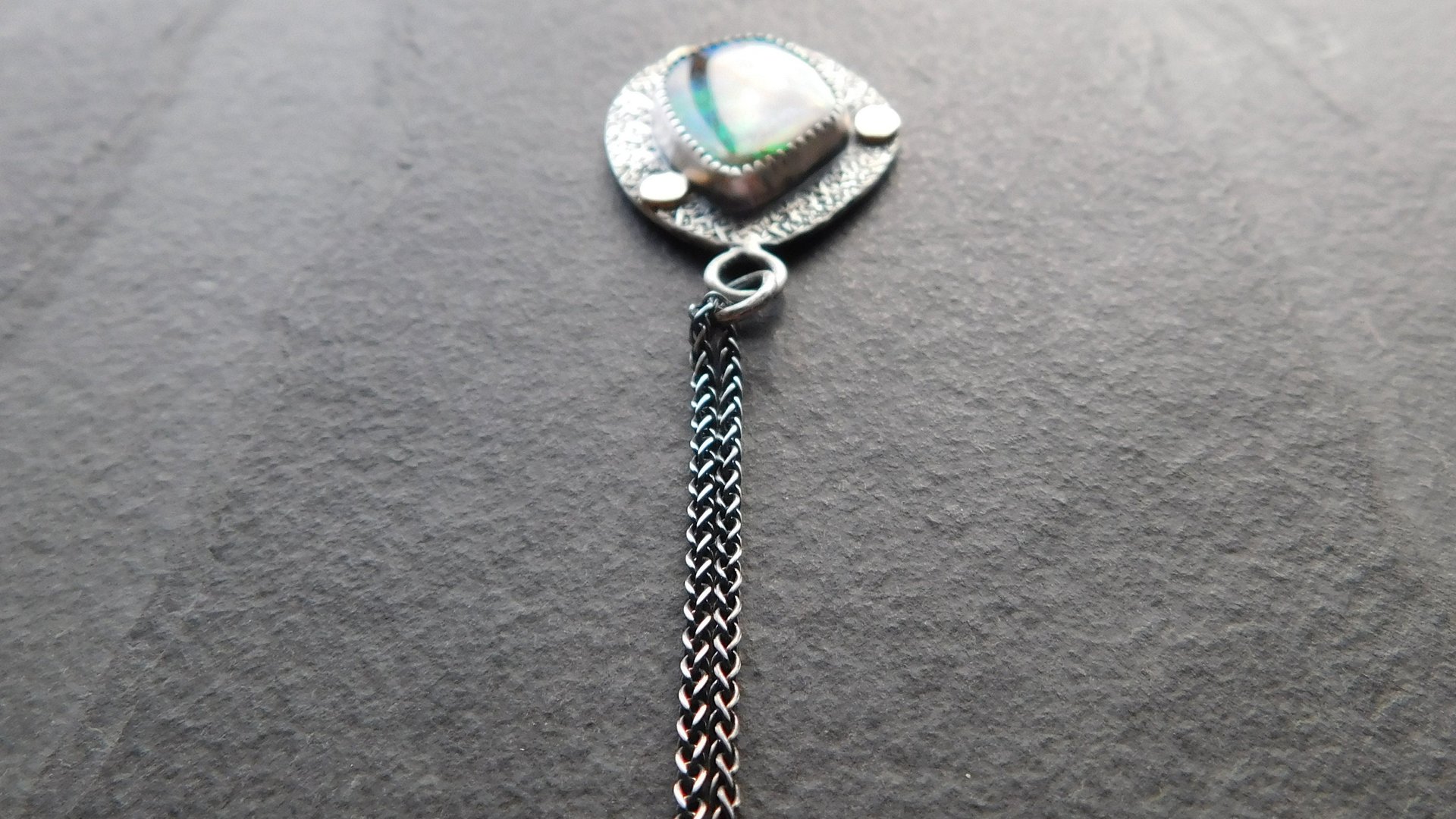 Neon Green Orange Flash Ammolite Oxidized Sterling Silver 14K Gold Textured Pendant Necklace