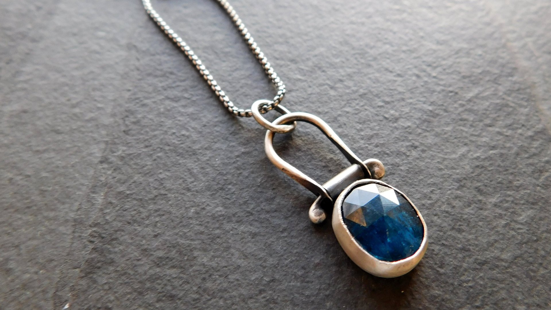 Neon Blue Rosecut Kyanite Oxidized Sterling Silver Hinge Pendant Necklace