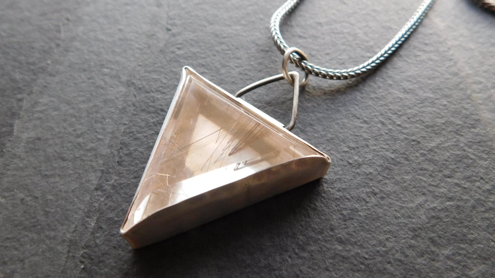 Triangle Rutilated Quartz Oxidized Sterling Silver Hinge Bail Pendant Necklace