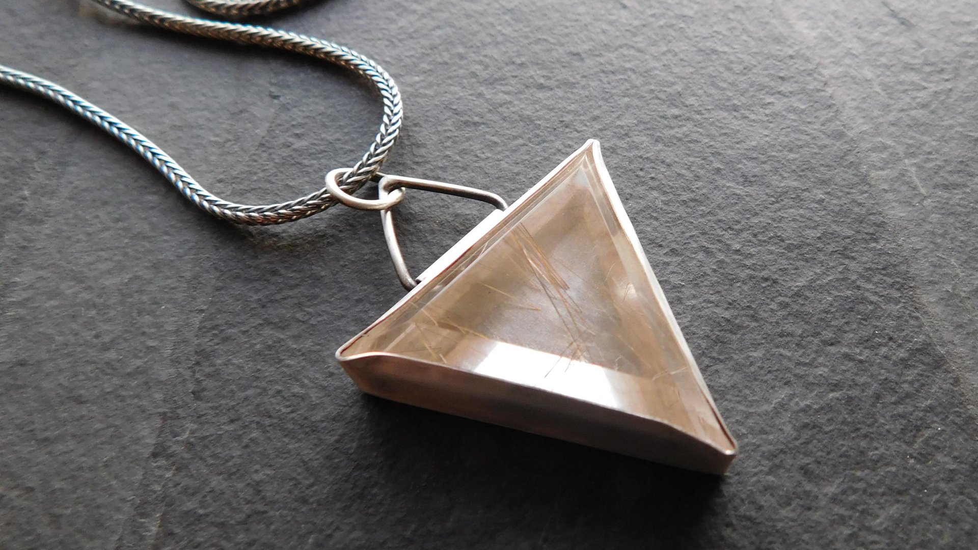 Triangle Rutilated Quartz Oxidized Sterling Silver Hinge Bail Pendant Necklace