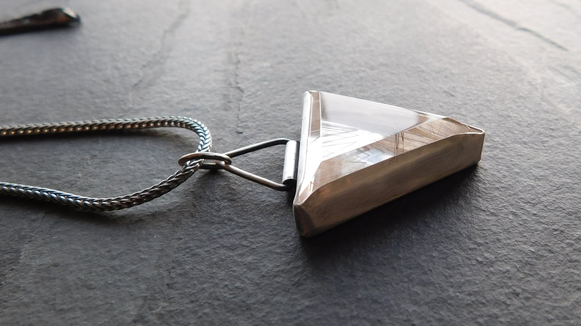 Triangle Rutilated Quartz Oxidized Sterling Silver Hinge Bail Pendant Necklace