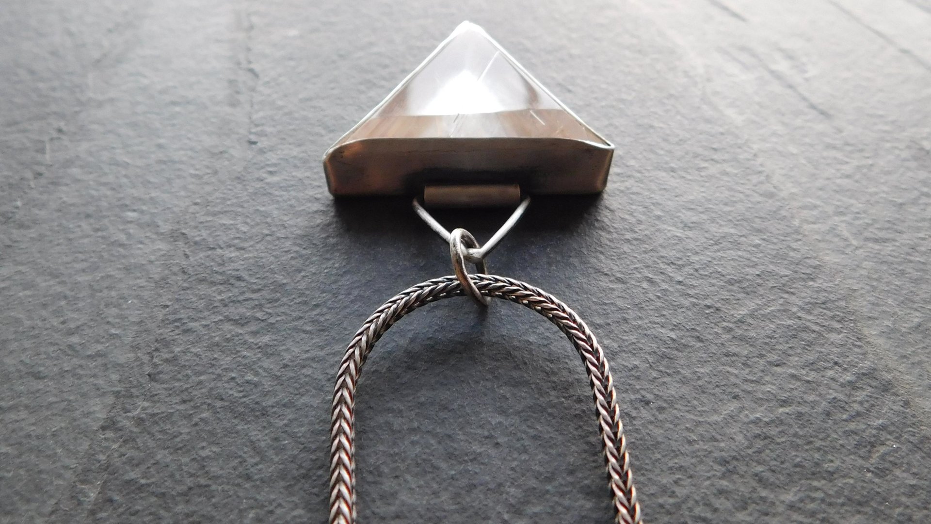 Triangle Rutilated Quartz Oxidized Sterling Silver Hinge Bail Pendant Necklace
