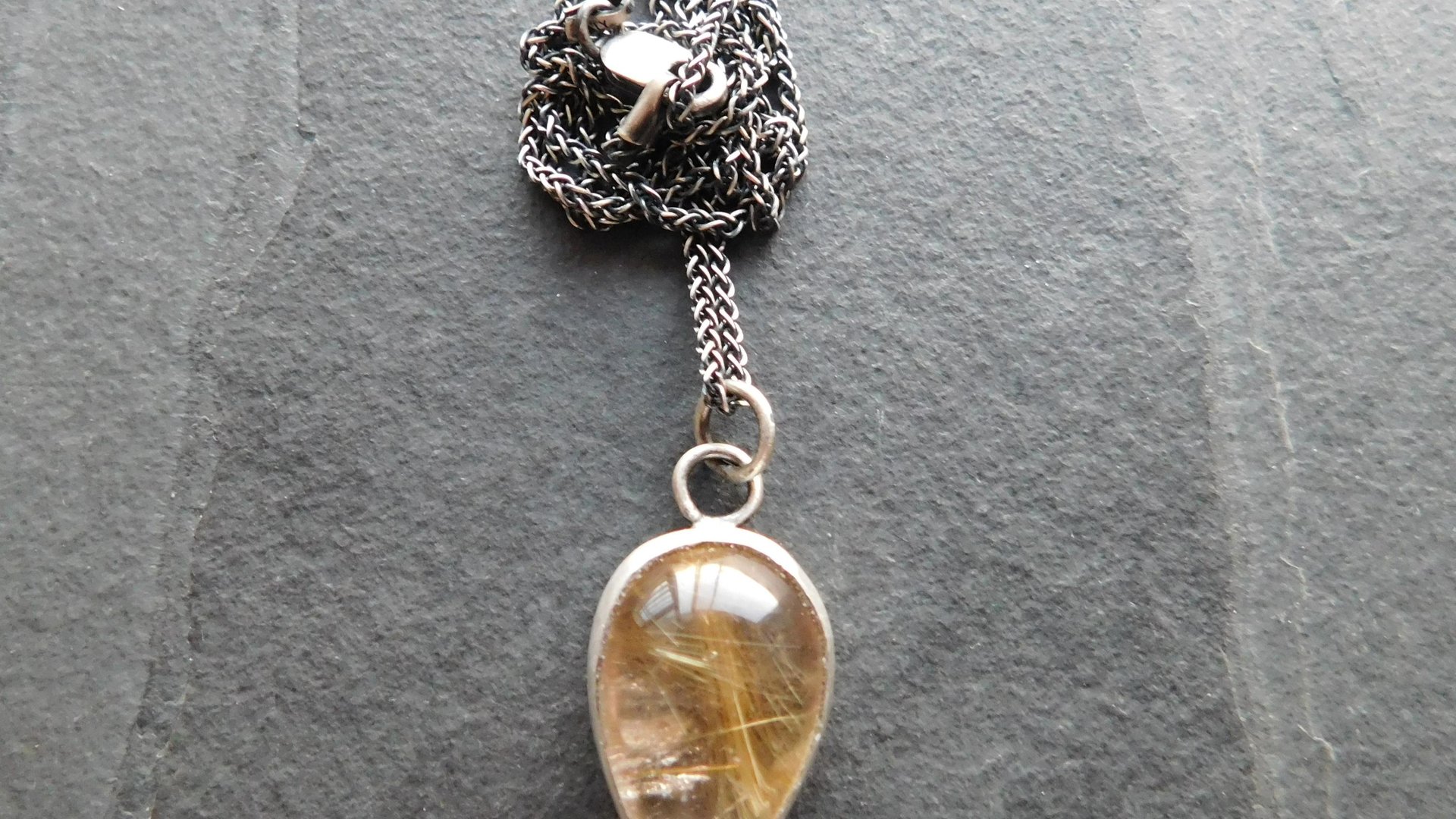 Teardrop Golden Rutilated Quartz Oxidized Sterling Silver 14K Gold Accent Pendant Necklace