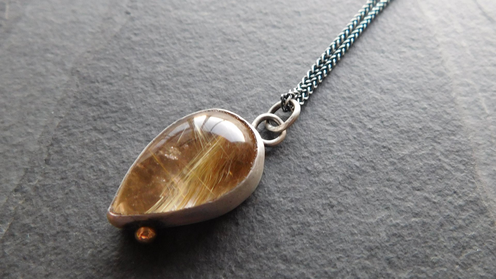 Teardrop Golden Rutilated Quartz Oxidized Sterling Silver 14K Gold Accent Pendant Necklace