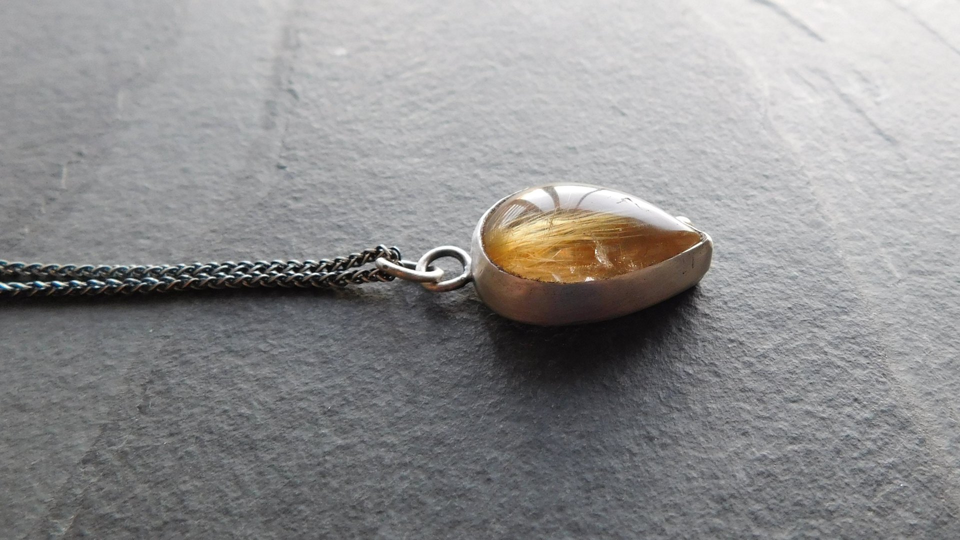 Teardrop Golden Rutilated Quartz Oxidized Sterling Silver 14K Gold Accent Pendant Necklace
