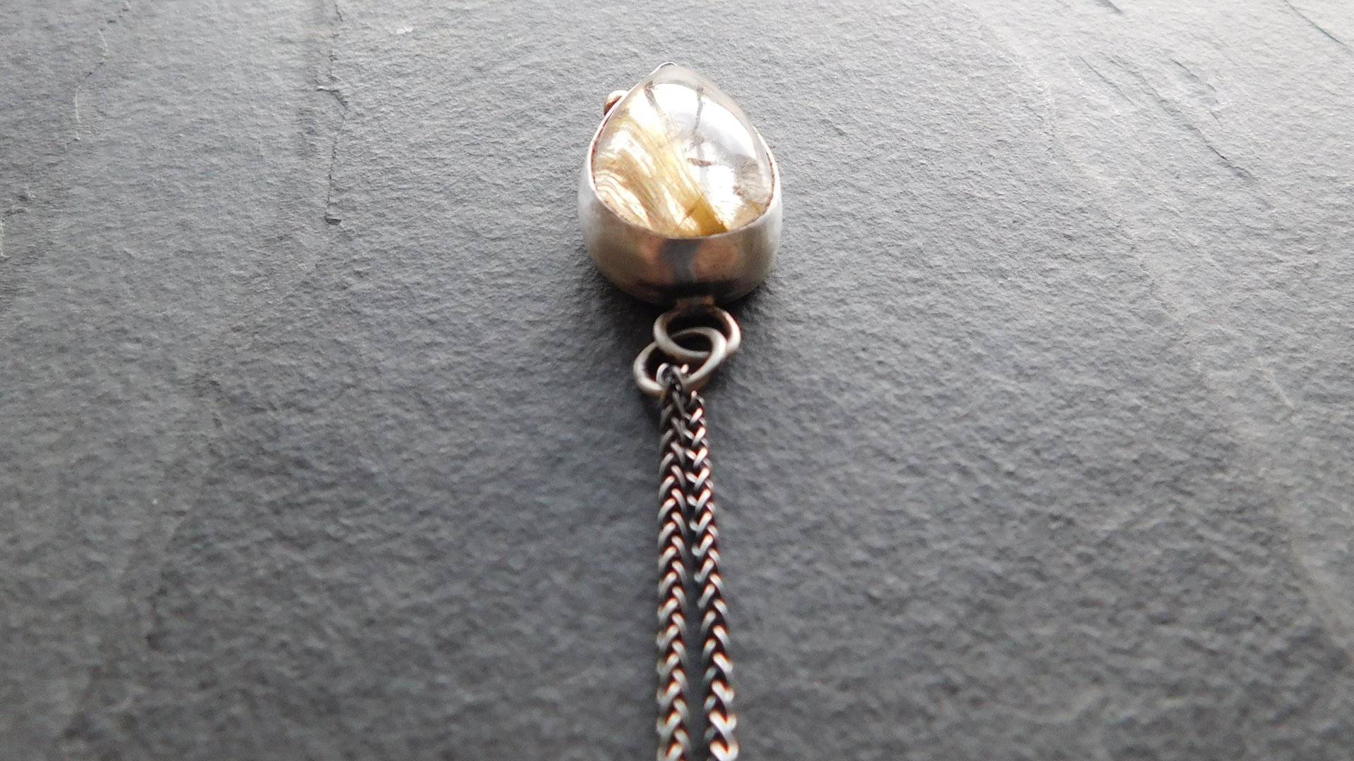 Teardrop Golden Rutilated Quartz Oxidized Sterling Silver 14K Gold Accent Pendant Necklace