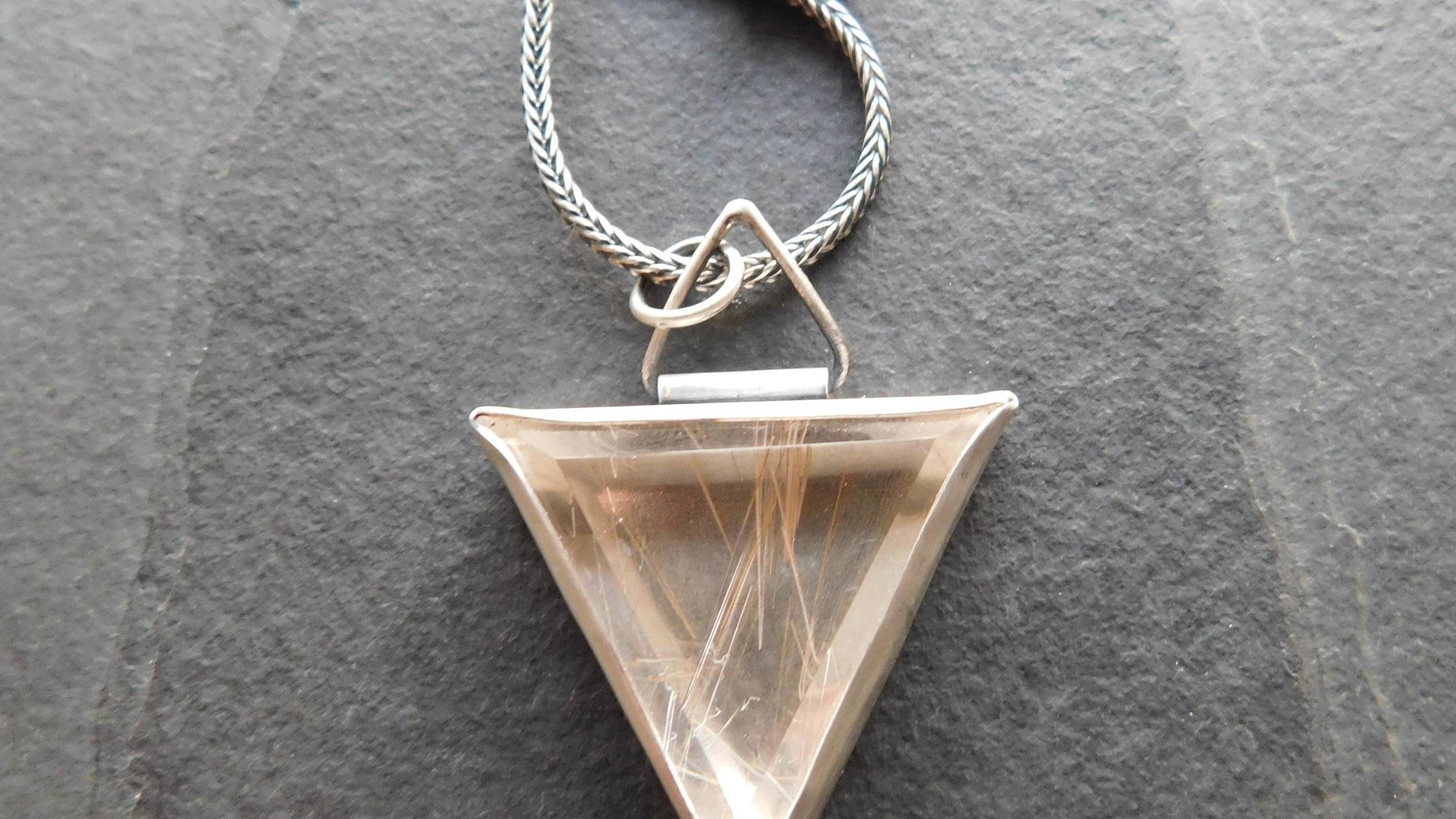 Triangle Rutilated Quartz Oxidized Sterling Silver Hinge Bail Pendant Necklace