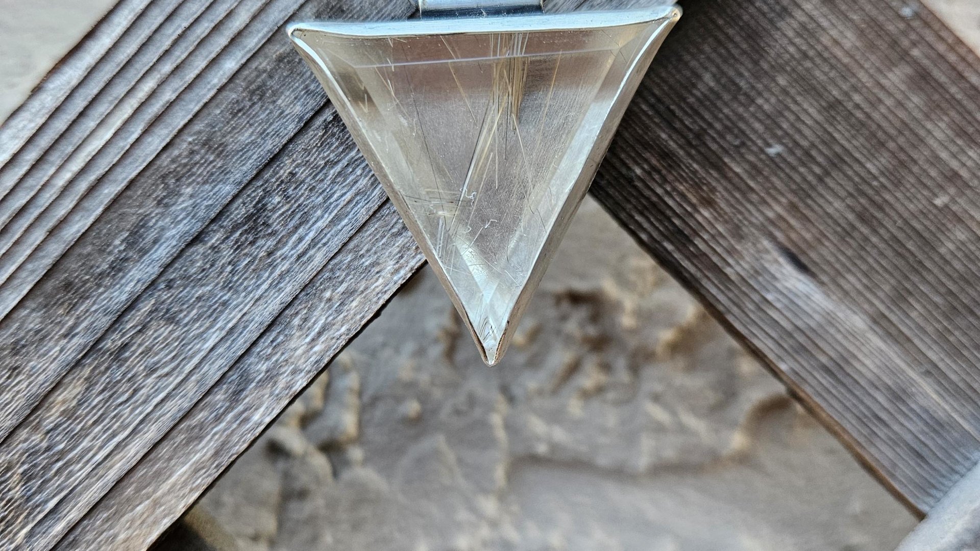 Triangle Rutilated Quartz Oxidized Sterling Silver Hinge Bail Pendant Necklace