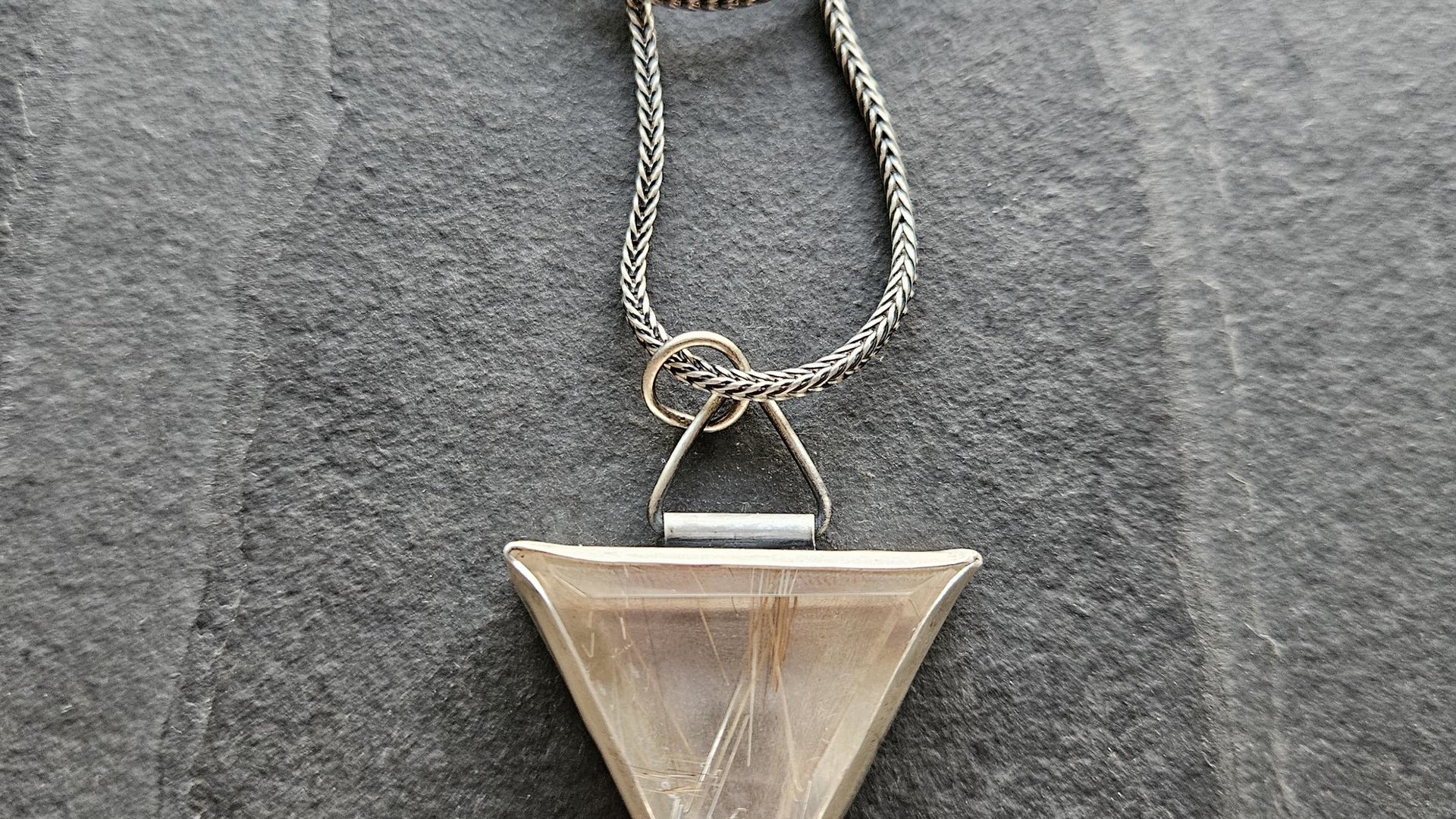 Triangle Rutilated Quartz Oxidized Sterling Silver Hinge Bail Pendant Necklace