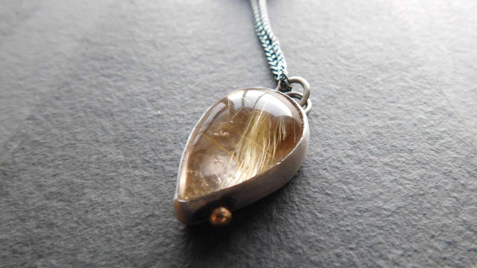 Teardrop Golden Rutilated Quartz Oxidized Sterling Silver 14K Gold Accent Pendant Necklace