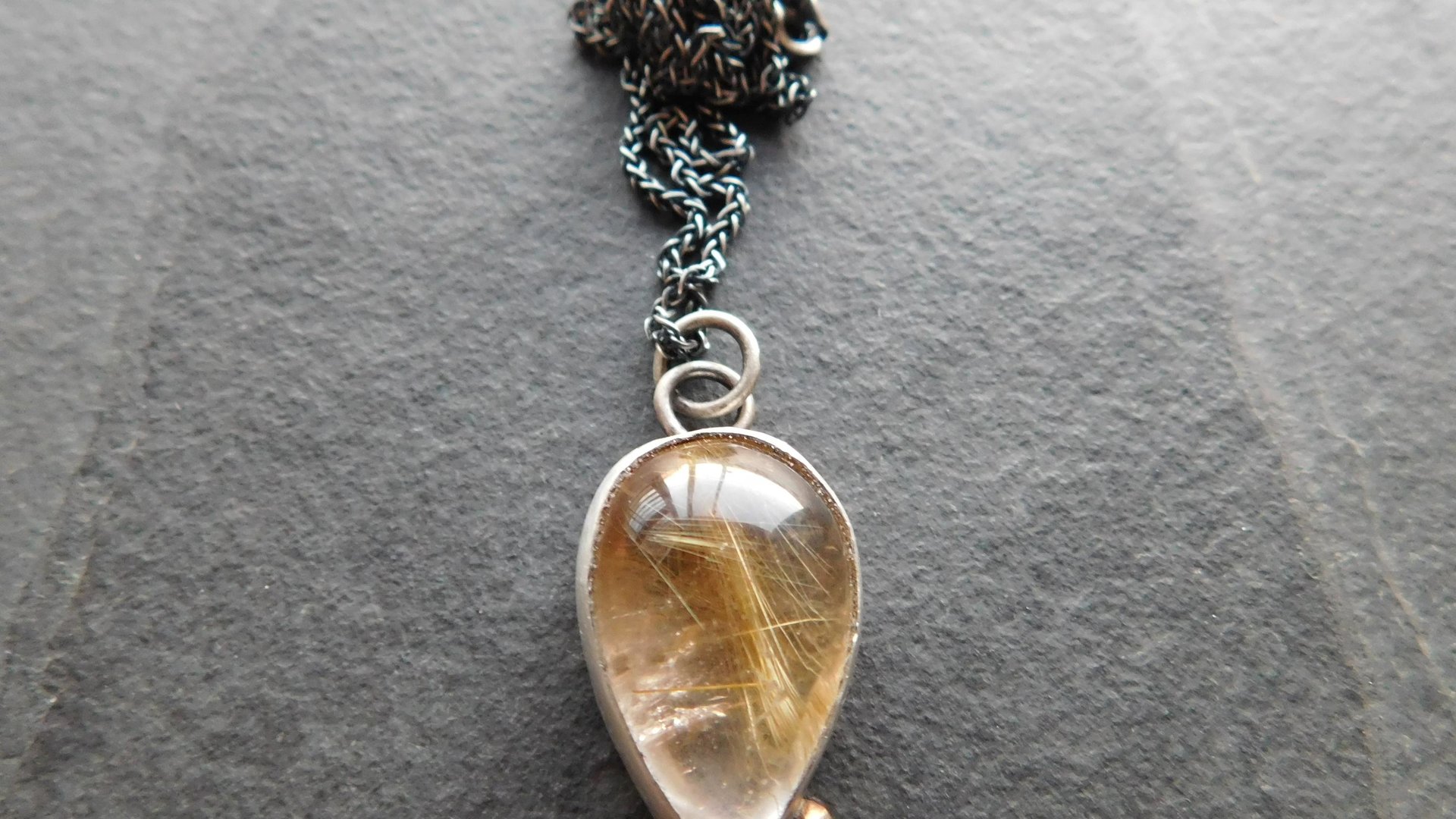 Teardrop Golden Rutilated Quartz Oxidized Sterling Silver 14K Gold Accent Pendant Necklace