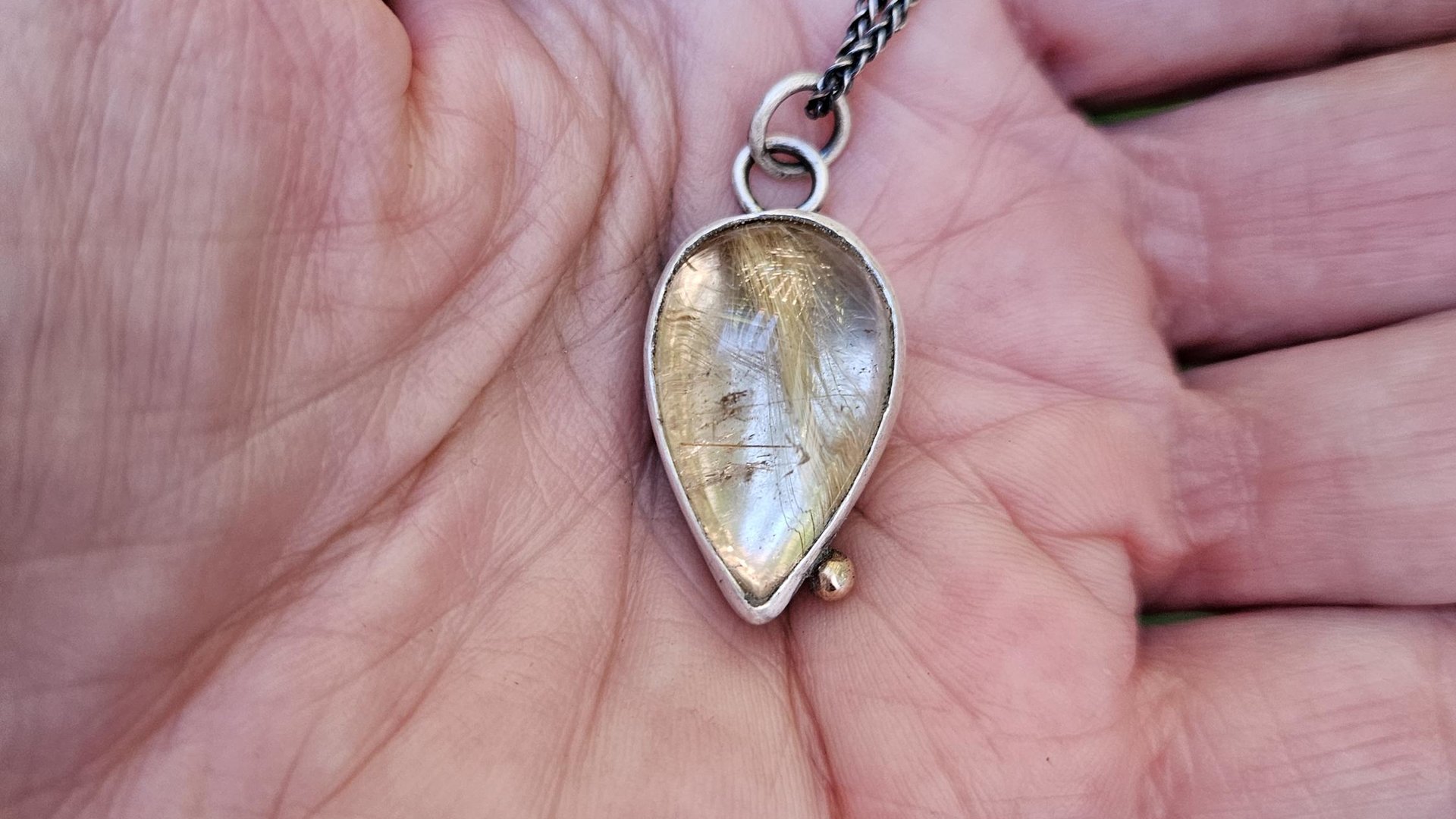 Teardrop Golden Rutilated Quartz Oxidized Sterling Silver 14K Gold Accent Pendant Necklace