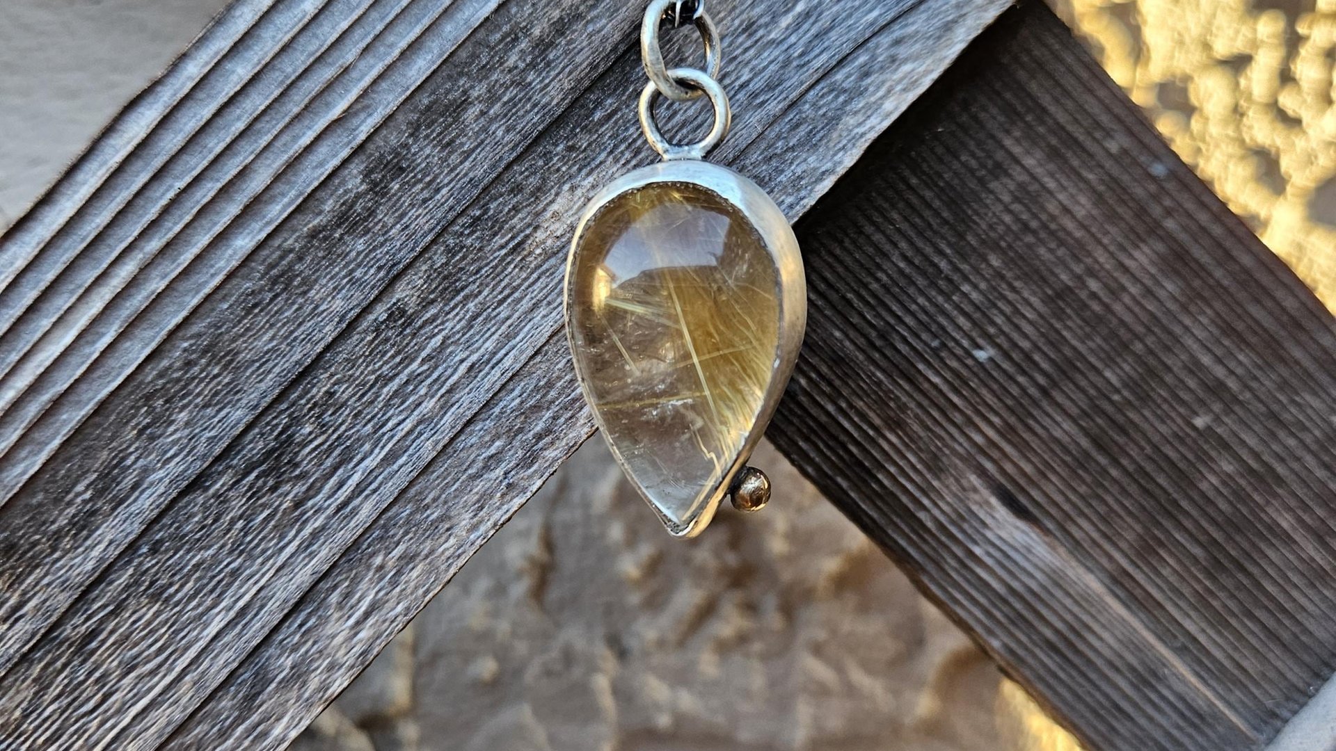 Teardrop Golden Rutilated Quartz Oxidized Sterling Silver 14K Gold Accent Pendant Necklace