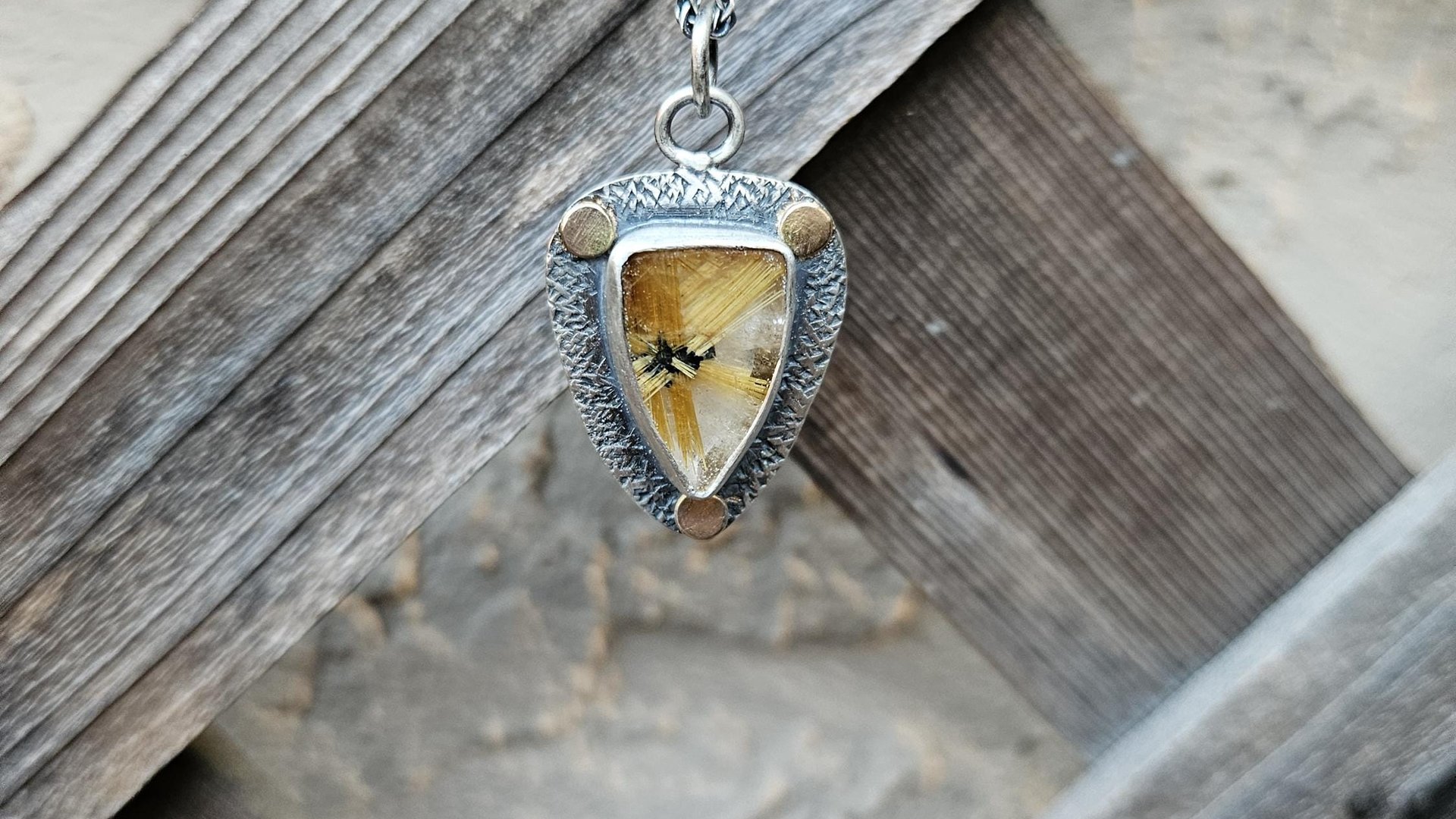 Golden Star Rutilated Quartz Textured Sterling Silver 14K Gold Shield Pendant Necklace