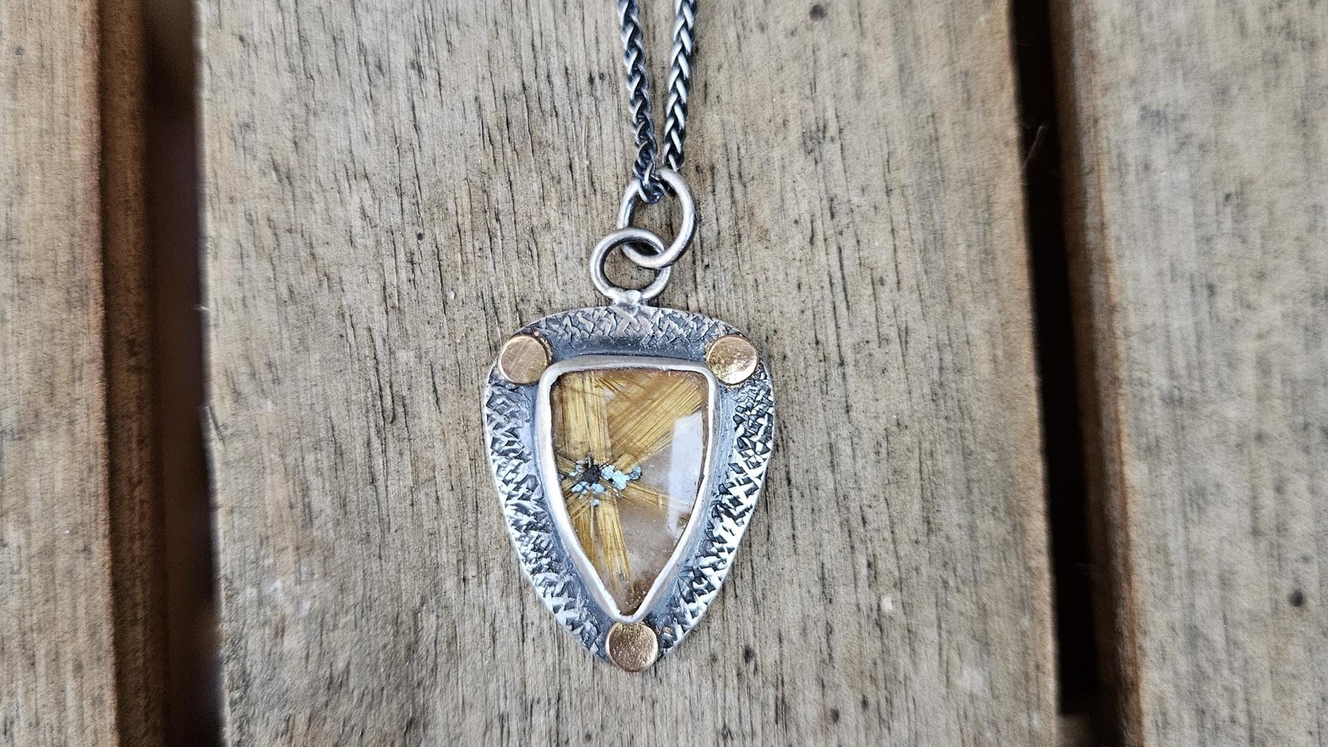 Golden Star Rutilated Quartz Textured Sterling Silver 14K Gold Shield Pendant Necklace