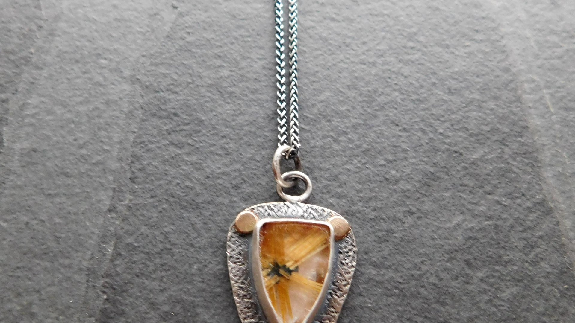 Golden Star Rutilated Quartz Textured Sterling Silver 14K Gold Shield Pendant Necklace