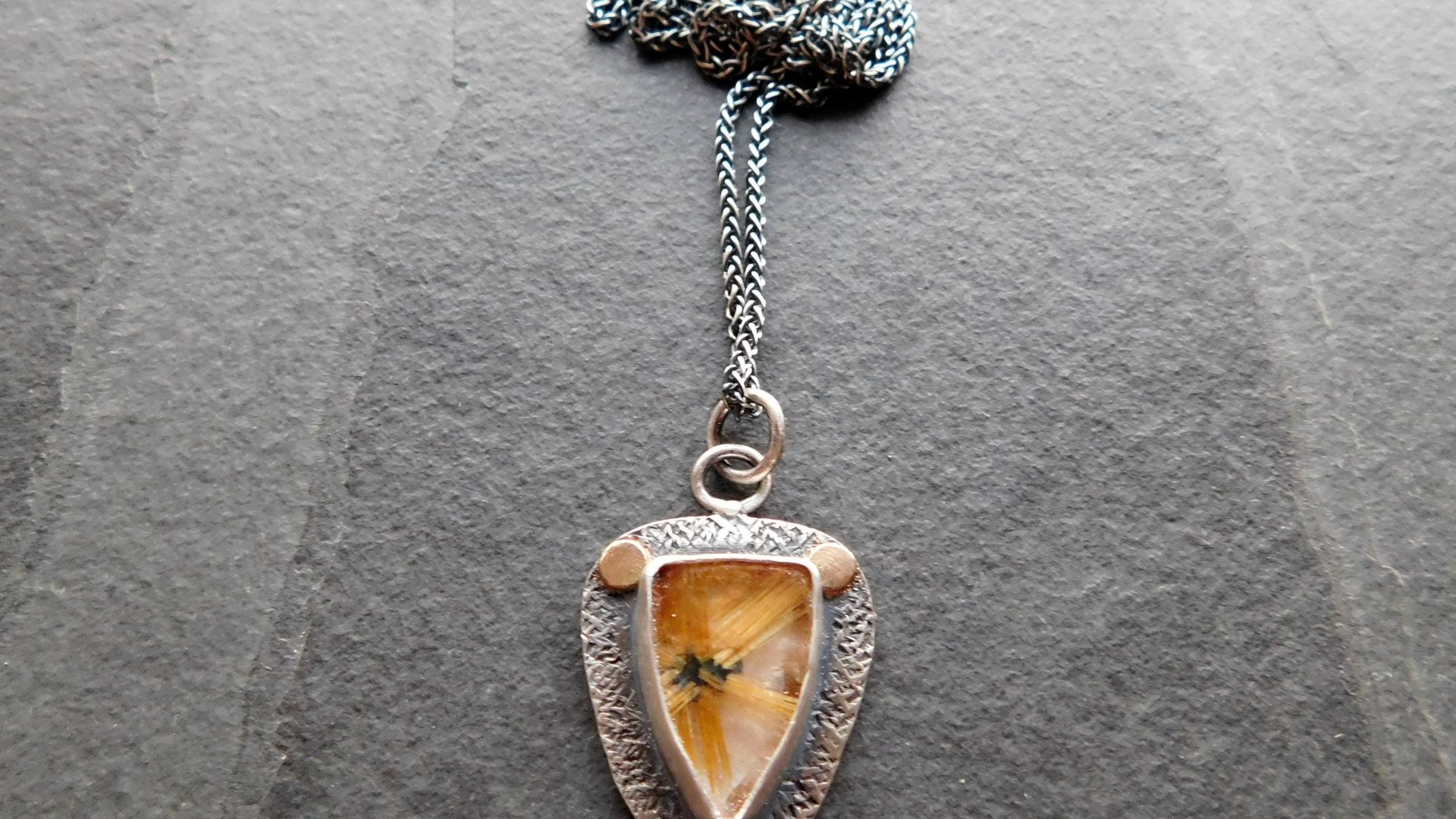 Golden Star Rutilated Quartz Textured Sterling Silver 14K Gold Shield Pendant Necklace