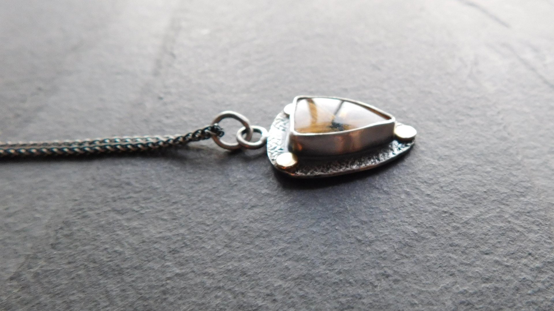 Golden Star Rutilated Quartz Textured Sterling Silver 14K Gold Shield Pendant Necklace