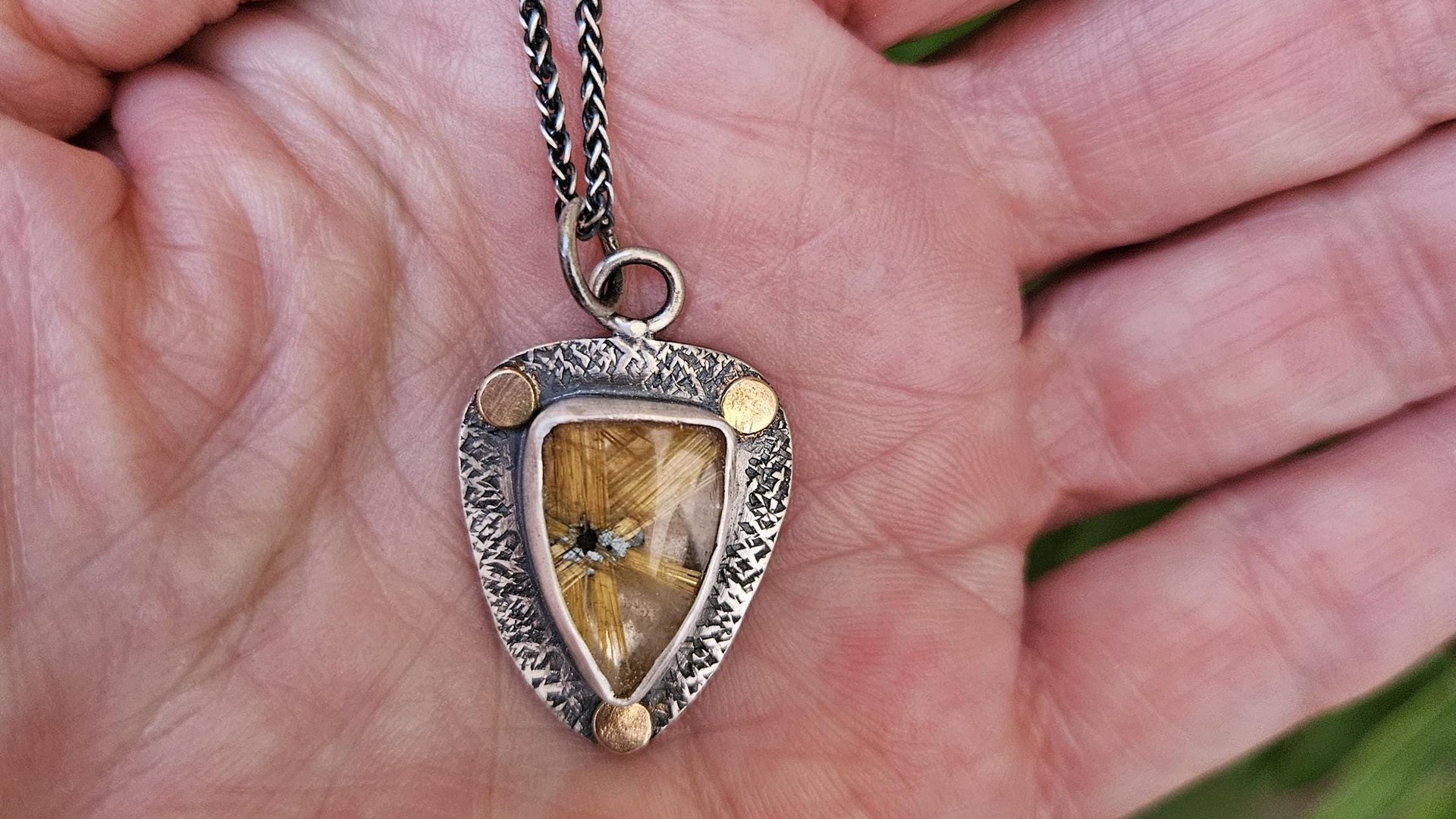 Golden Star Rutilated Quartz Textured Sterling Silver 14K Gold Shield Pendant Necklace