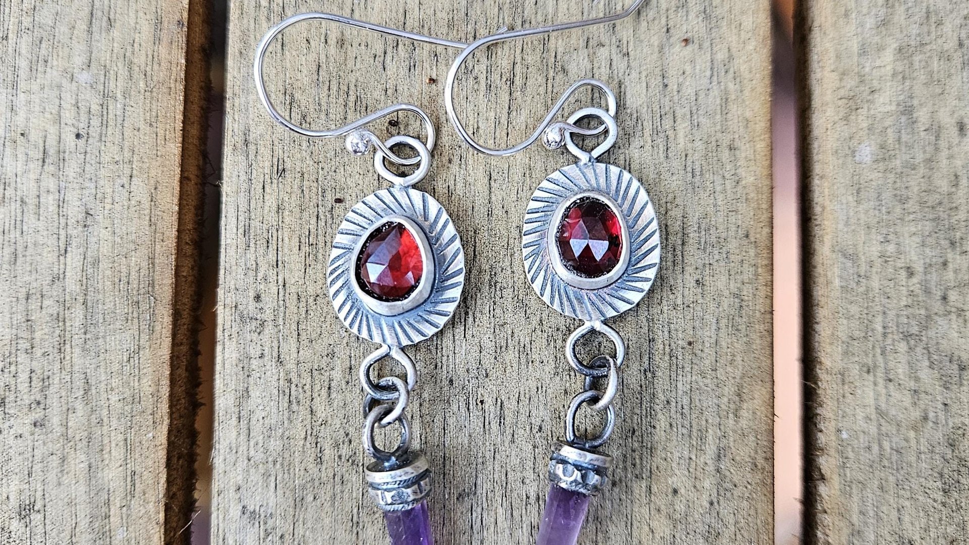 Deep Red Rosecut Garnet Tiny Amethyst Quartz Crystal Point Stamped Sterling Silver Multi Stone Dangle Earrings
