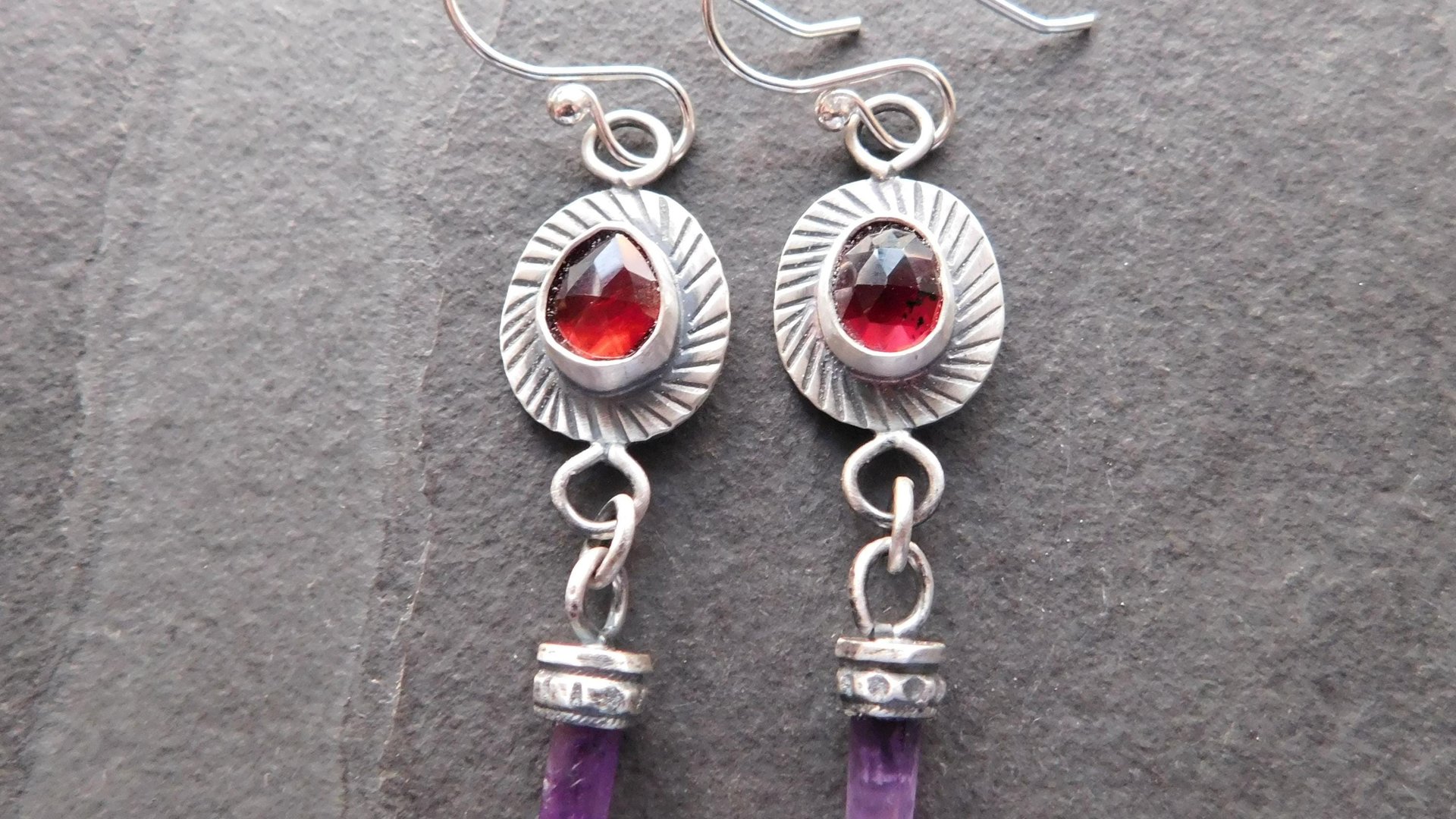Deep Red Rosecut Garnet Tiny Amethyst Quartz Crystal Point Stamped Sterling Silver Multi Stone Dangle Earrings