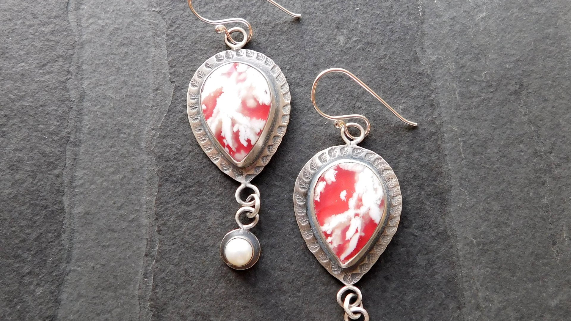 Red White Feather Plume Agate Doublet Freshwater Pearl Dangle Stamped Sterling Silver Earrings