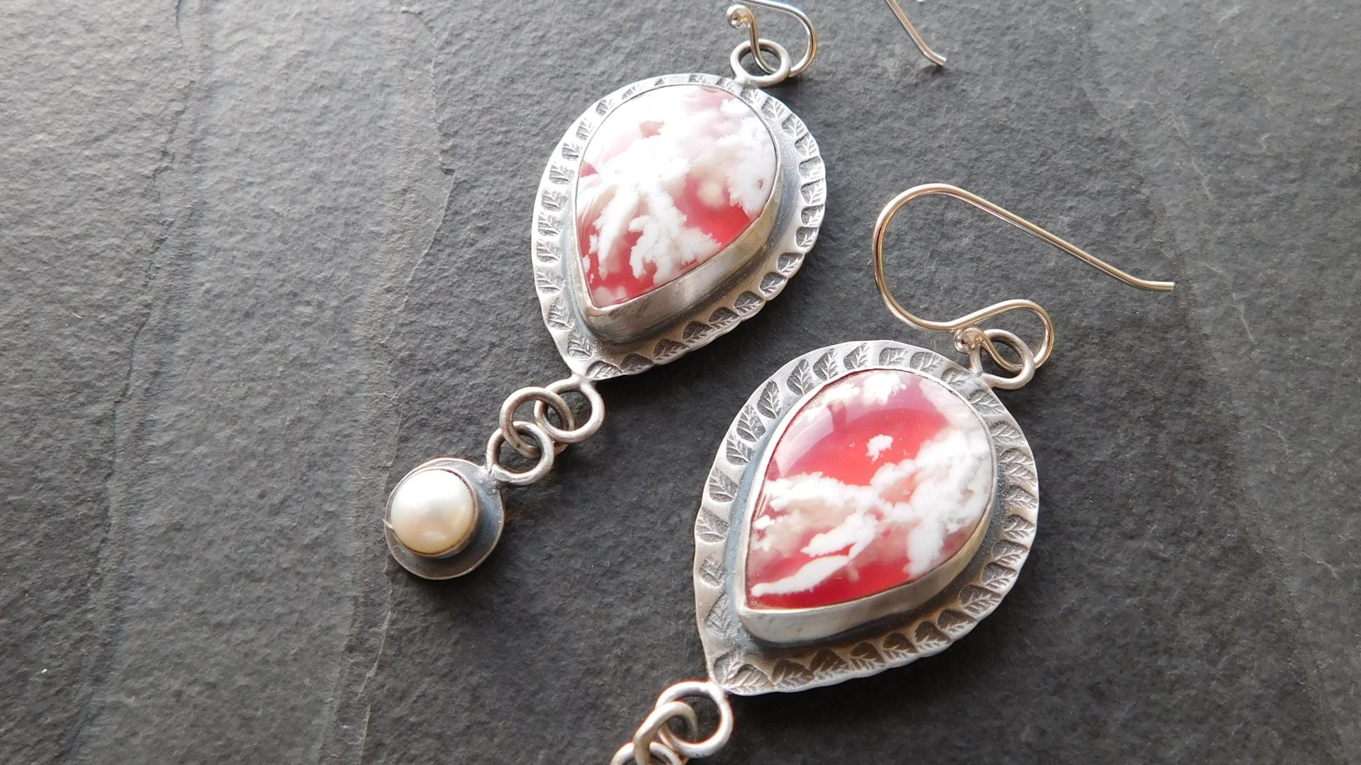Red White Feather Plume Agate Doublet Freshwater Pearl Dangle Stamped Sterling Silver Earrings