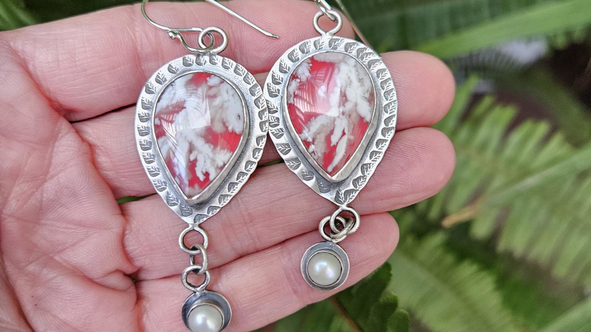 Red White Feather Plume Agate Doublet Freshwater Pearl Dangle Stamped Sterling Silver Earrings