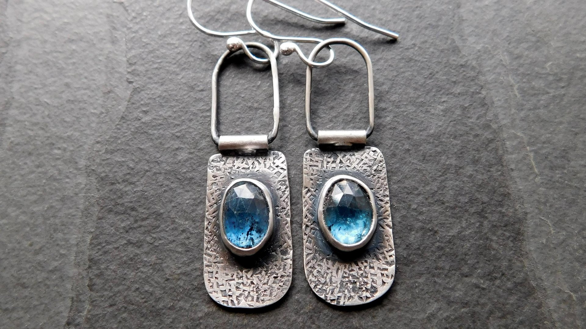 Teal Moss Kyanite Textured Sterling Silver Hinged Lightweight Everyday Dangle Earrings