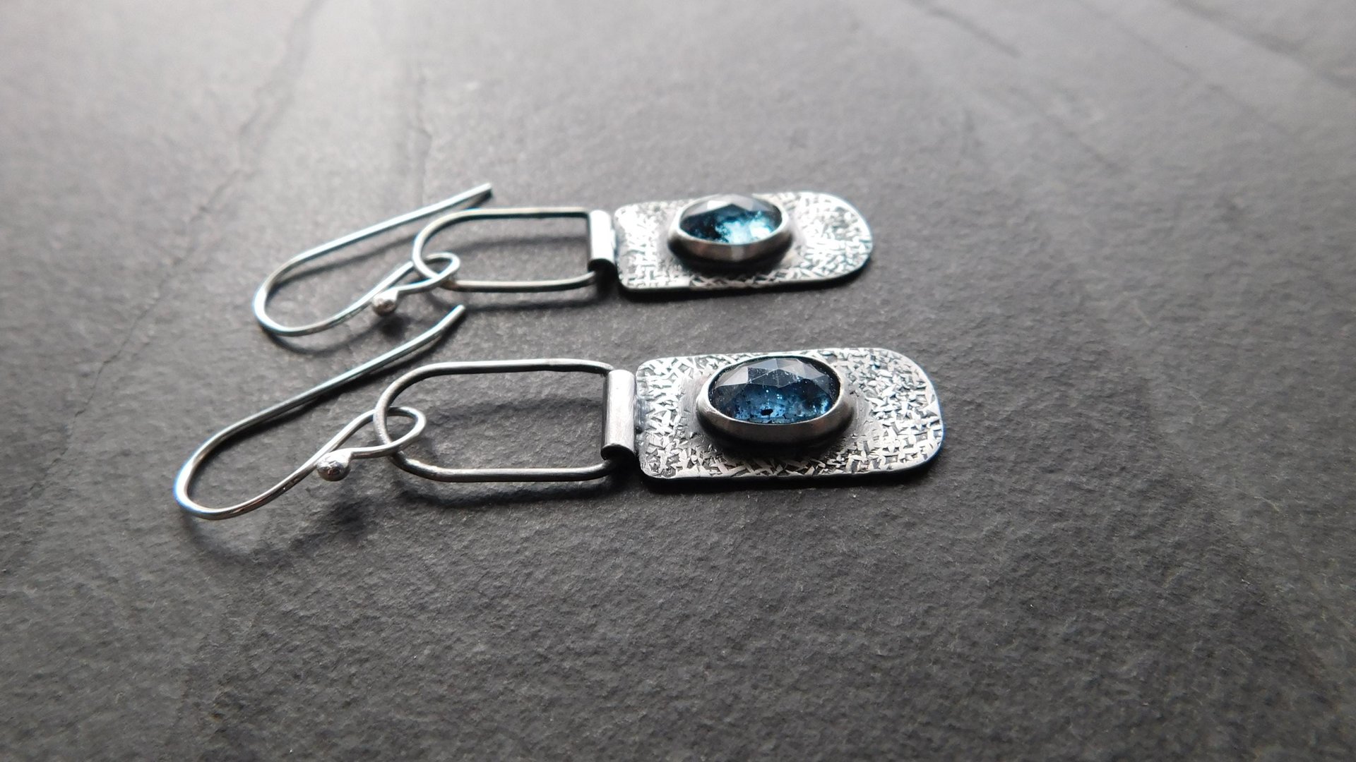 Teal Moss Kyanite Textured Sterling Silver Hinged Lightweight Everyday Dangle Earrings