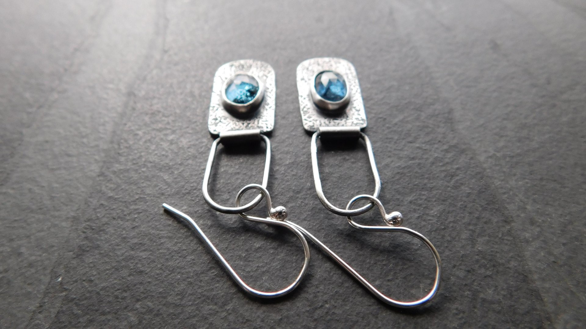 Teal Moss Kyanite Textured Sterling Silver Hinged Lightweight Everyday Dangle Earrings