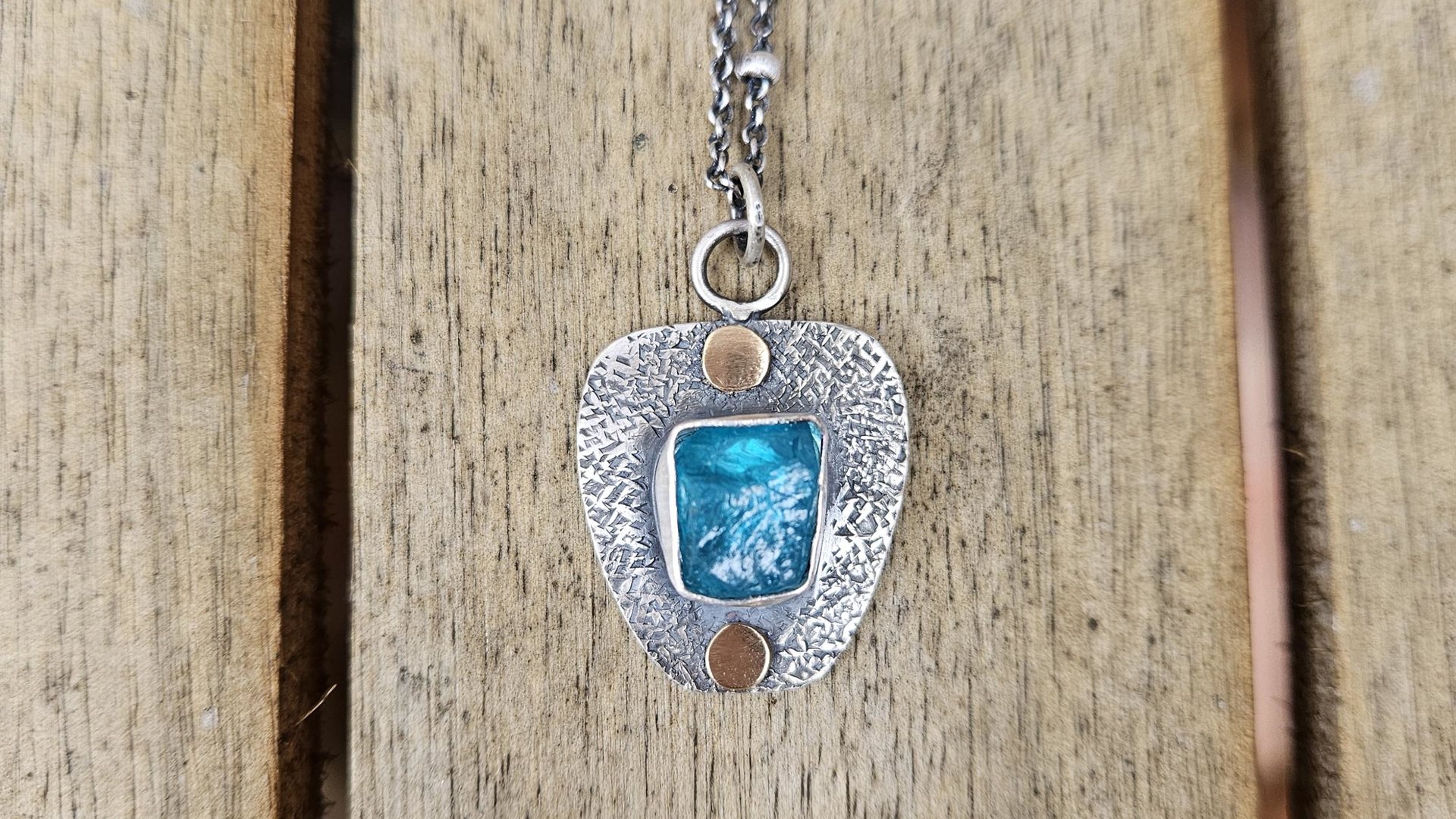 Neon Blue Apatite Raw Mineral Natural Crystal Textured Sterling Silver 14K Gold Accent Pendant Necklace