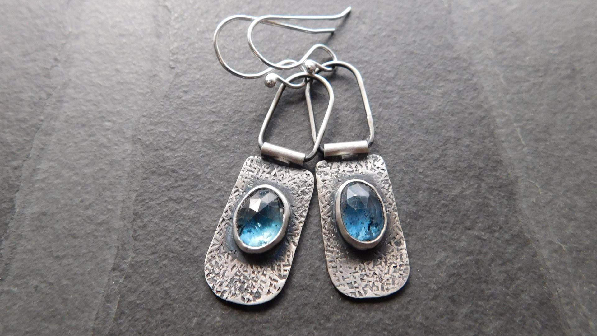 Teal Moss Kyanite Textured Sterling Silver Hinged Lightweight Everyday Dangle Earrings