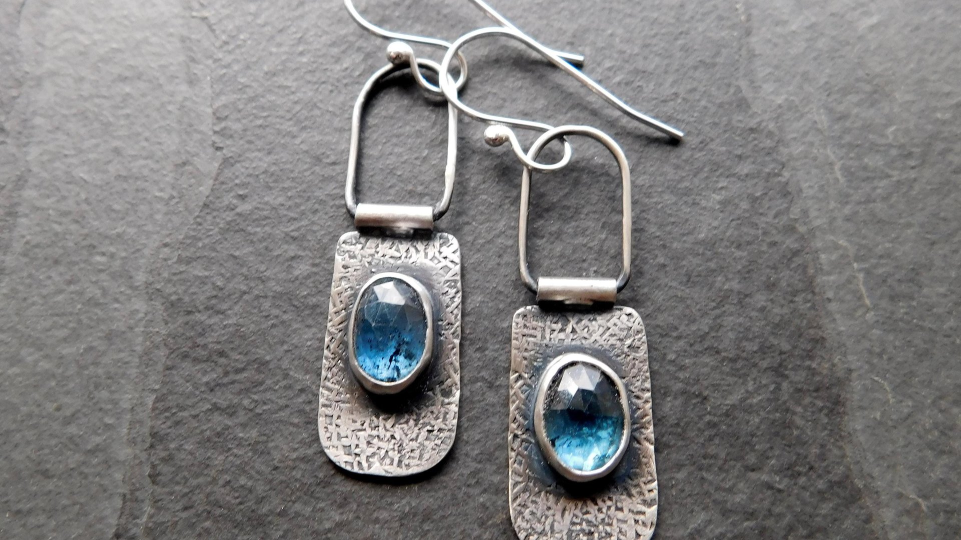 Teal Moss Kyanite Textured Sterling Silver Hinged Lightweight Everyday Dangle Earrings