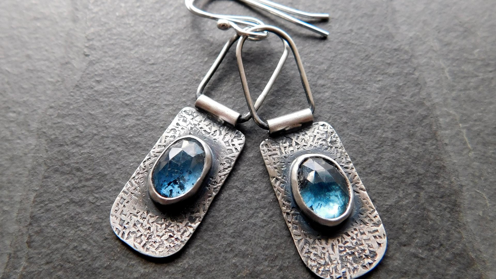 Teal Moss Kyanite Textured Sterling Silver Hinged Lightweight Everyday Dangle Earrings