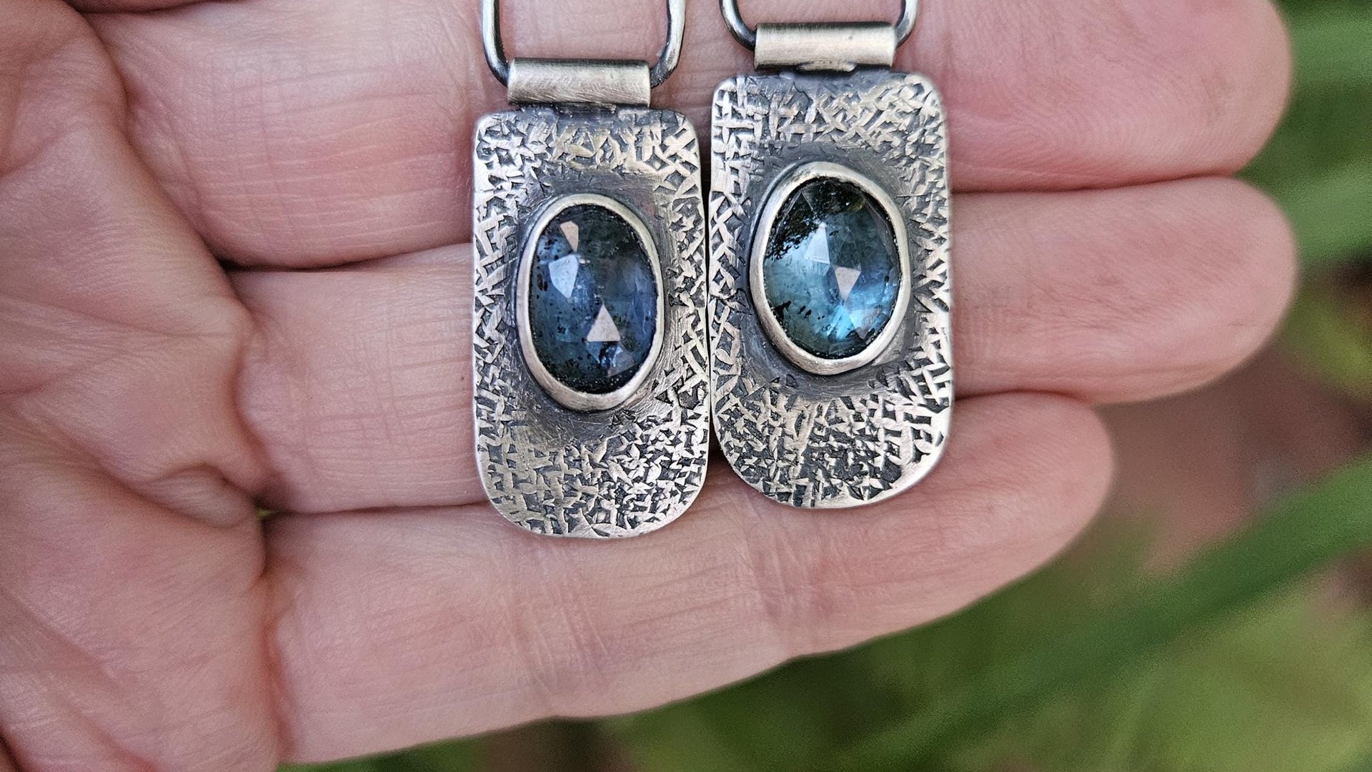Teal Moss Kyanite Textured Sterling Silver Hinged Lightweight Everyday Dangle Earrings