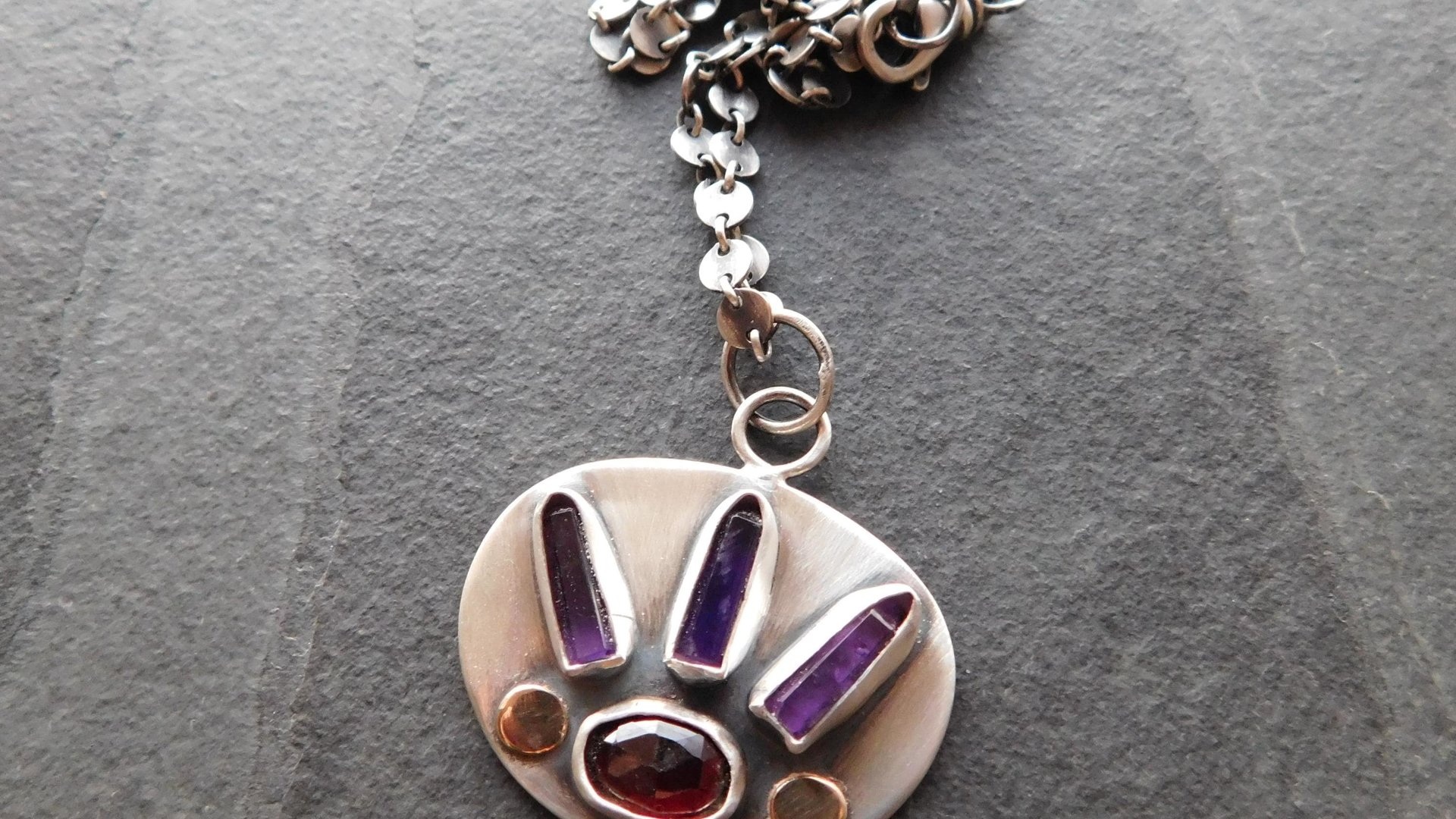 Amethyst Quartz Crystal Point Garnet Sterling Silver 14K Gold Mixed Metal Multi Stone Pendant Necklace