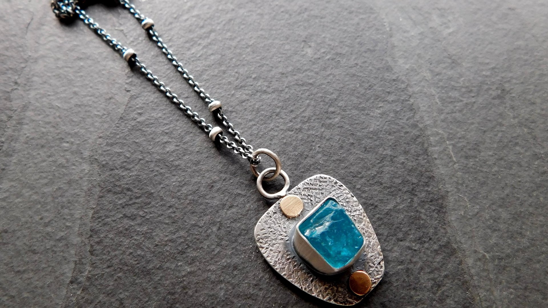 Neon Blue Apatite Raw Mineral Natural Crystal Textured Sterling Silver 14K Gold Accent Pendant Necklace