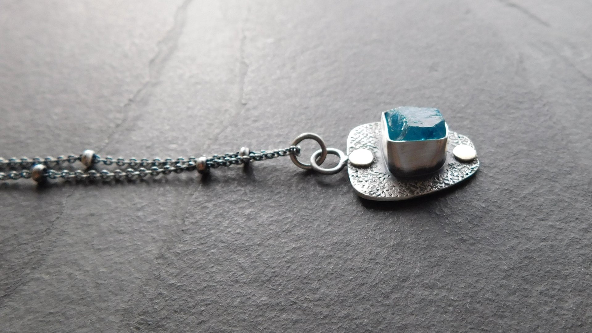 Neon Blue Apatite Raw Mineral Natural Crystal Textured Sterling Silver 14K Gold Accent Pendant Necklace