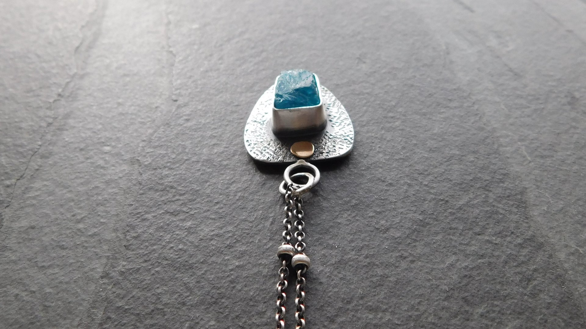 Neon Blue Apatite Raw Mineral Natural Crystal Textured Sterling Silver 14K Gold Accent Pendant Necklace