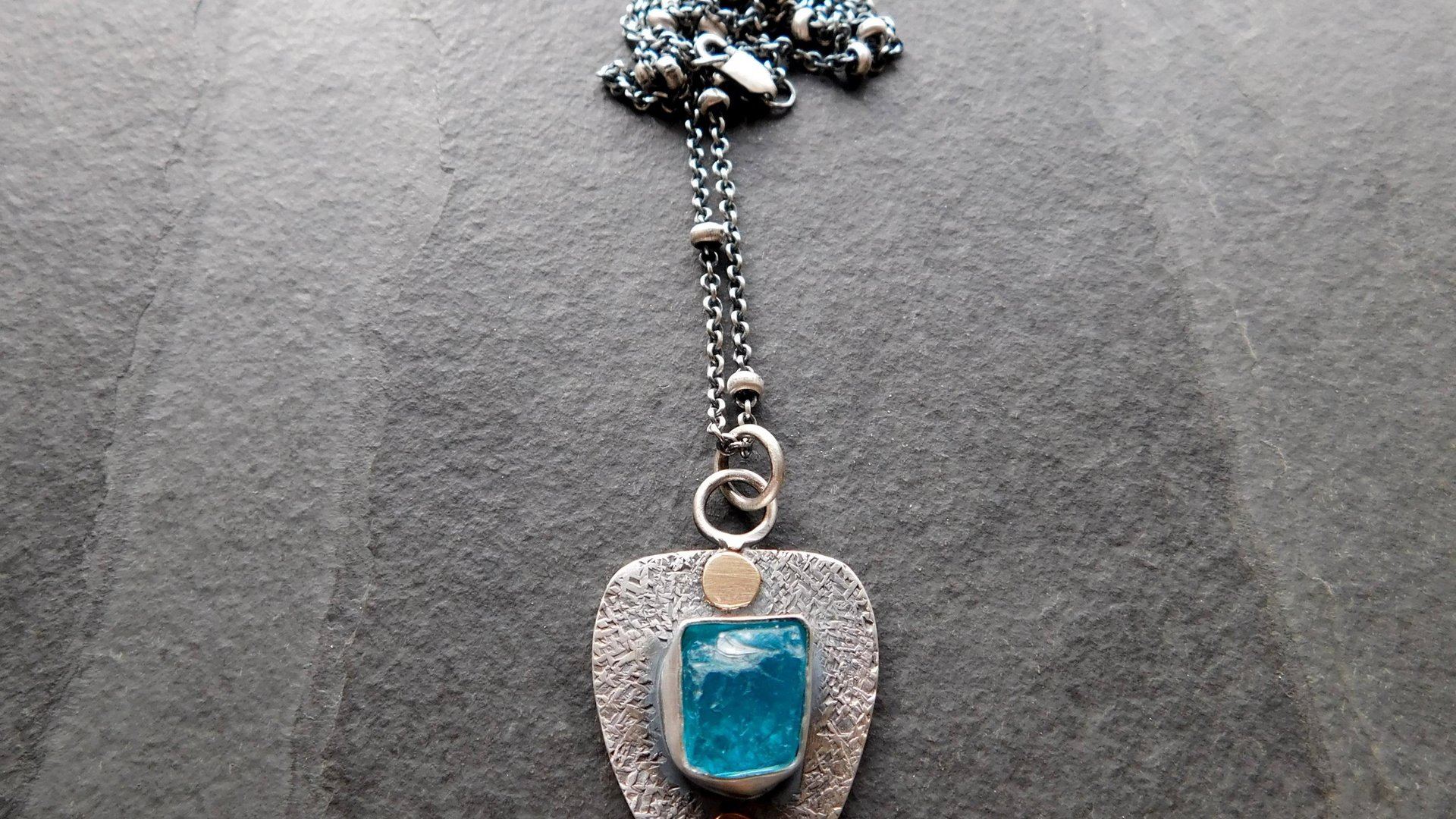 Neon Blue Apatite Raw Mineral Natural Crystal Textured Sterling Silver 14K Gold Accent Pendant Necklace