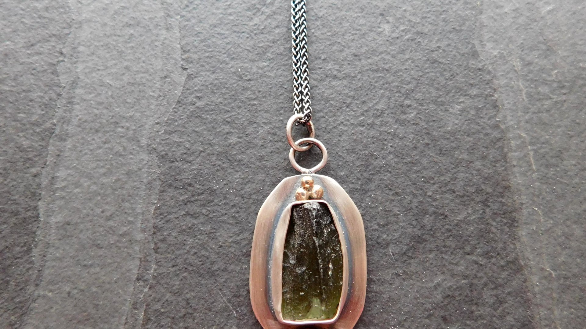 Natural Rough Moldavite Light Green Tourmaline Sterling Silver 14K Gold Accents Pendant Necklace