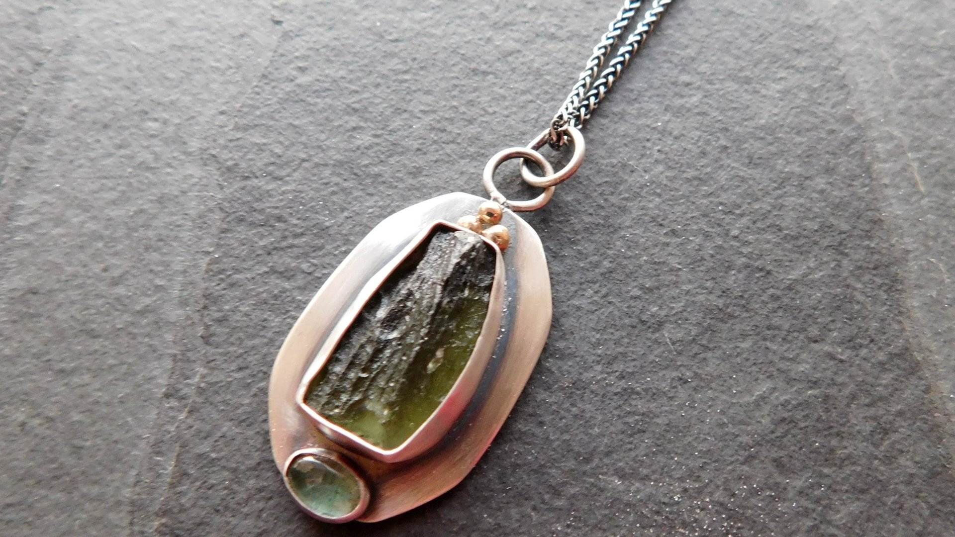 Natural Rough Moldavite Light Green Tourmaline Sterling Silver 14K Gold Accents Pendant Necklace