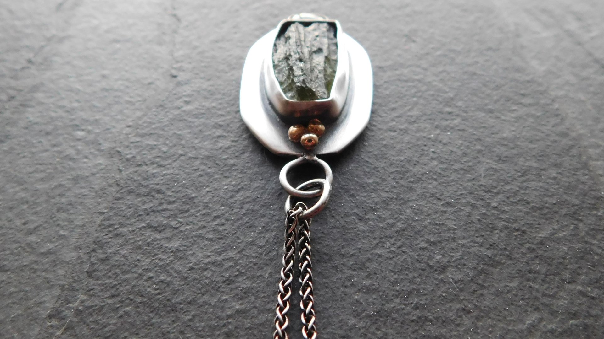 Natural Rough Moldavite Light Green Tourmaline Sterling Silver 14K Gold Accents Pendant Necklace