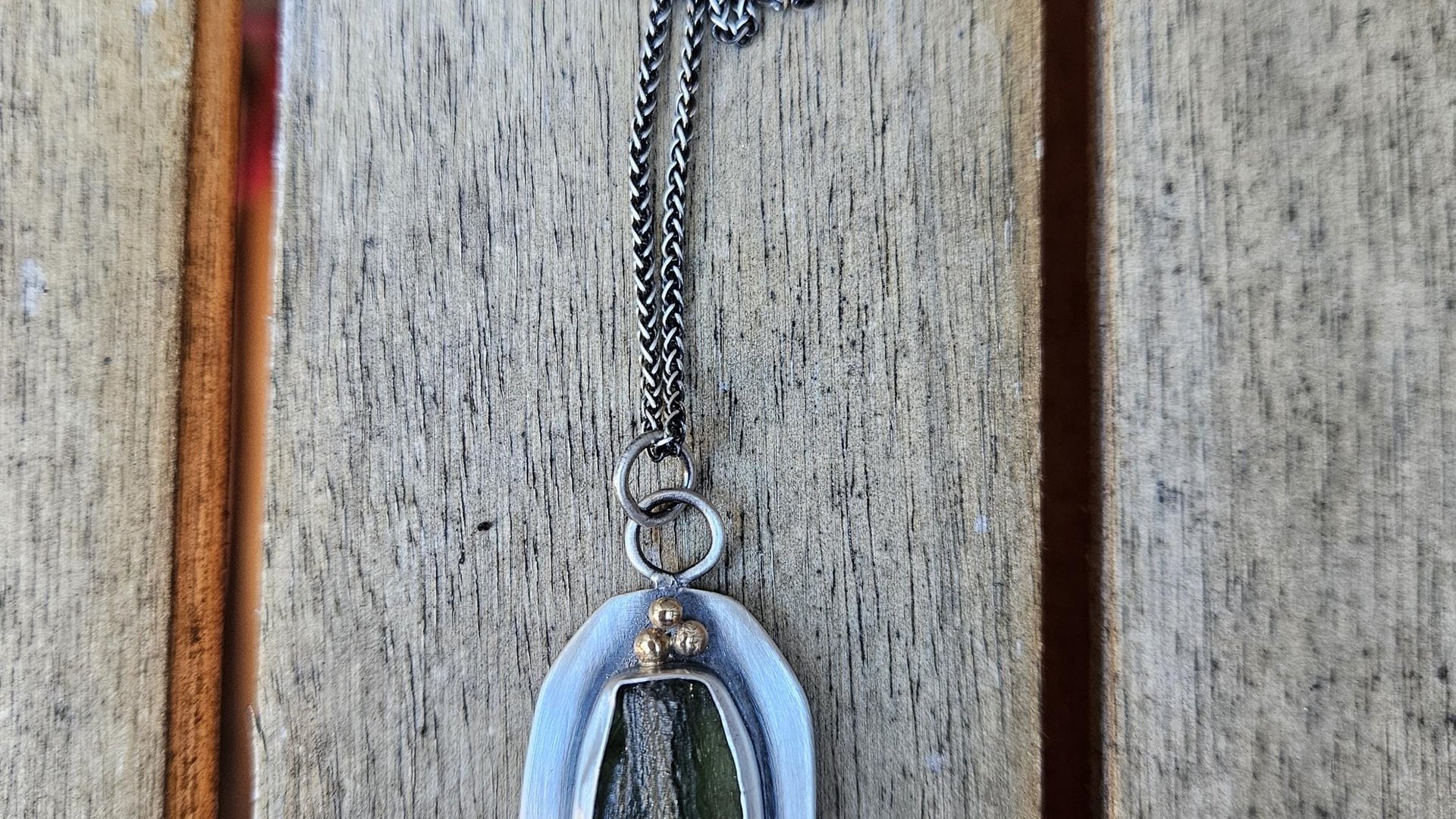 Natural Rough Moldavite Light Green Tourmaline Sterling Silver 14K Gold Accents Pendant Necklace