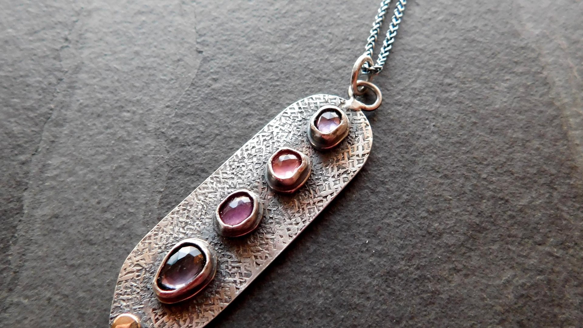 Spinel Shades of Violet Multi Stone Textured Sterling Silver 14K Gold Accent Pendant Necklace