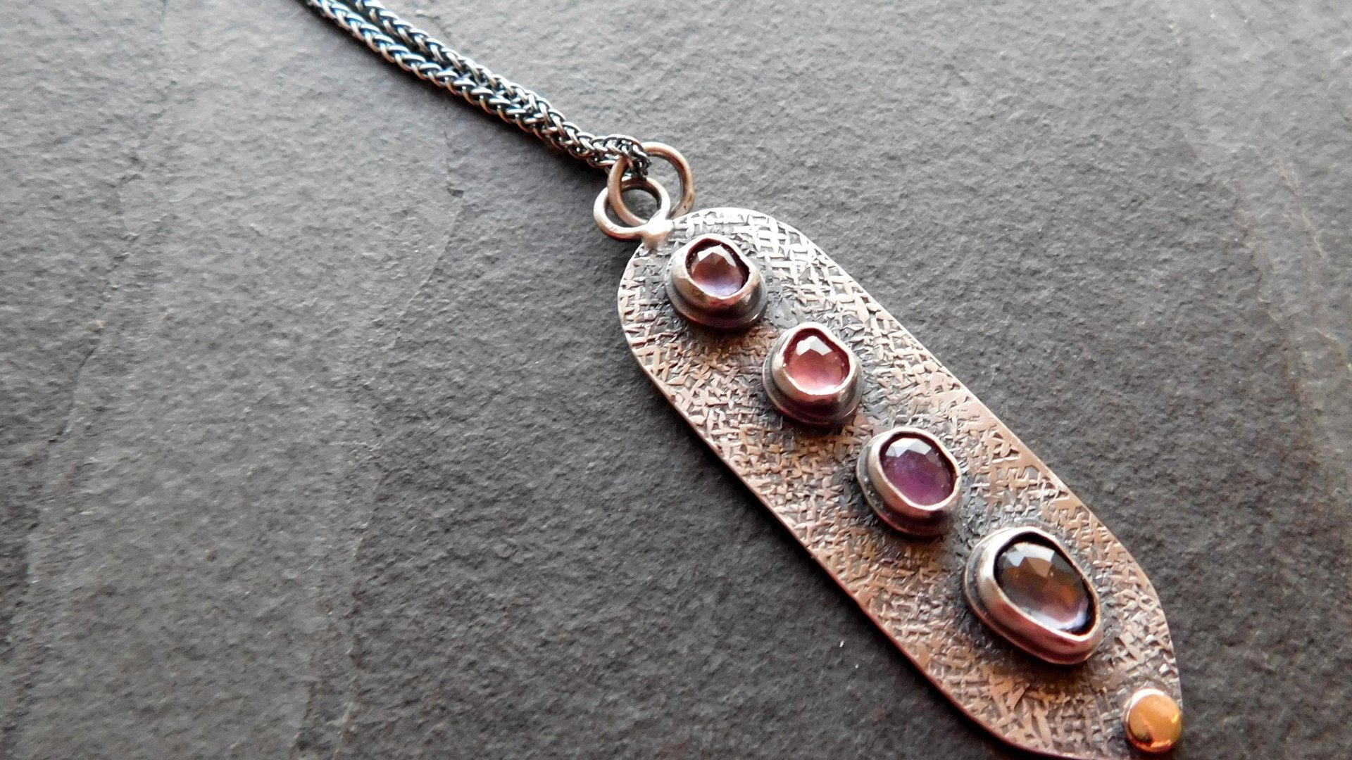 Spinel Shades of Violet Multi Stone Textured Sterling Silver 14K Gold Accent Pendant Necklace