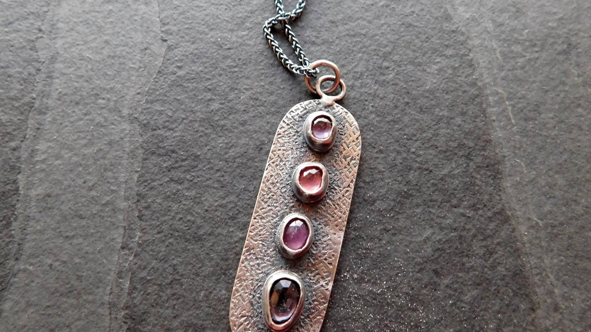Spinel Shades of Violet Multi Stone Textured Sterling Silver 14K Gold Accent Pendant Necklace