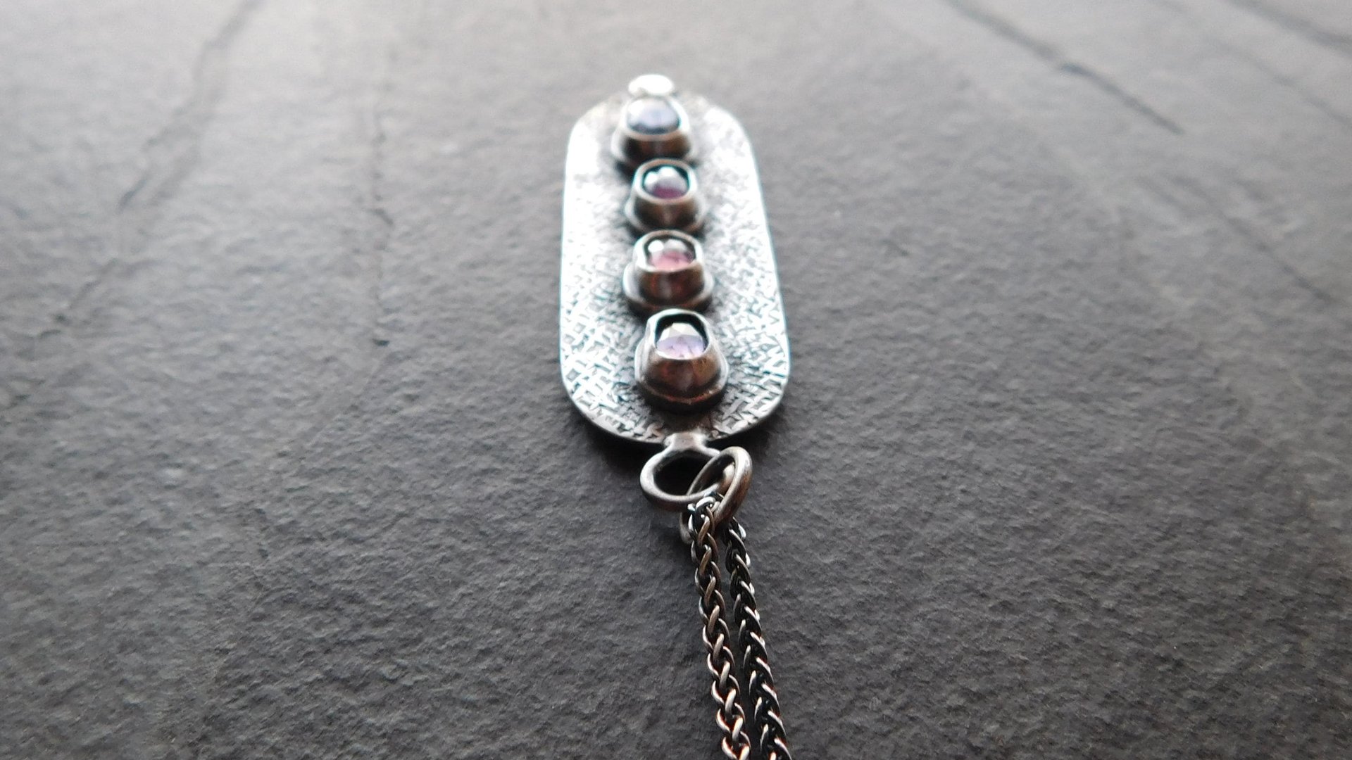 Spinel Shades of Violet Multi Stone Textured Sterling Silver 14K Gold Accent Pendant Necklace