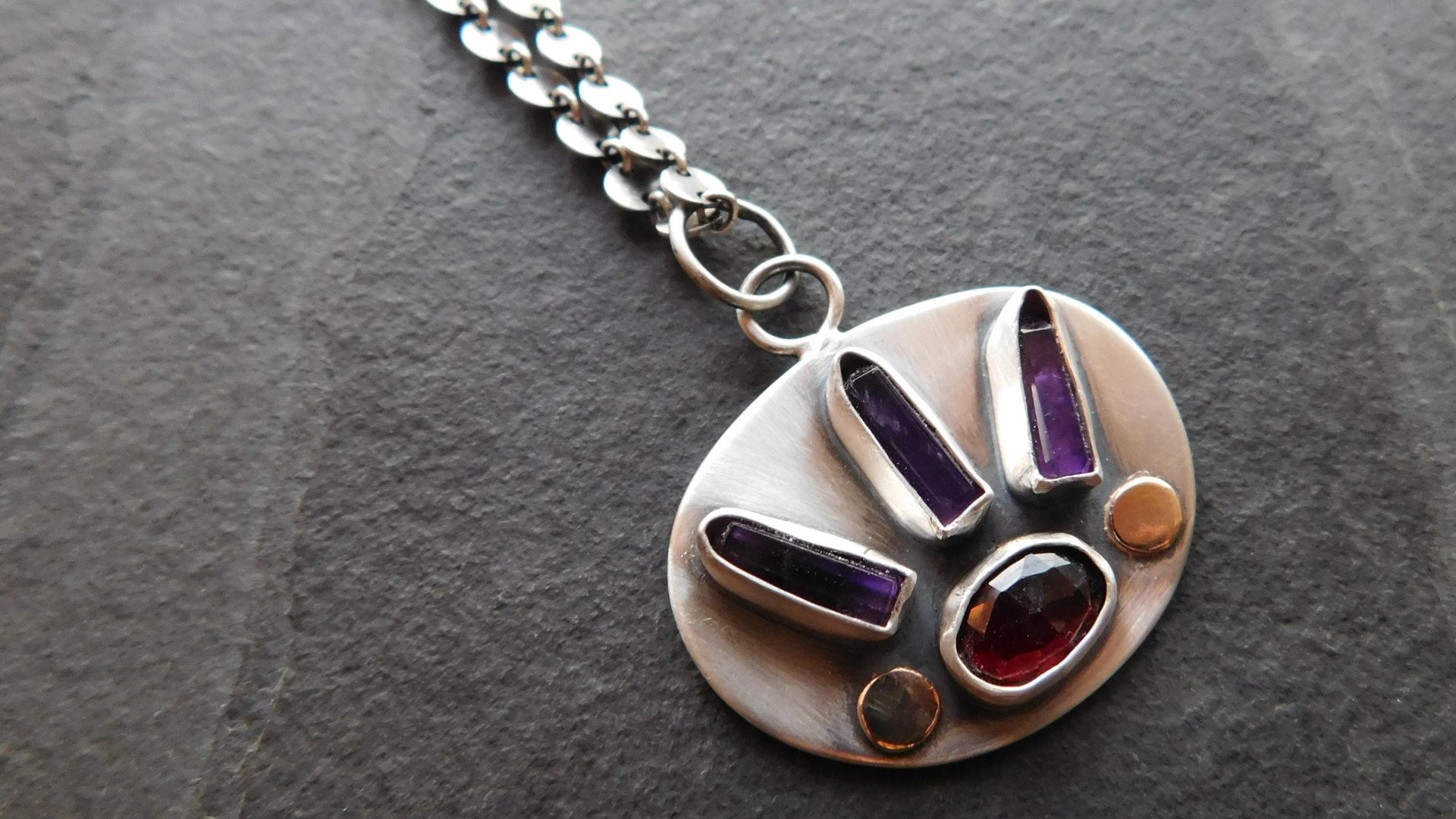 Amethyst Quartz Crystal Point Garnet Sterling Silver 14K Gold Mixed Metal Multi Stone Pendant Necklace